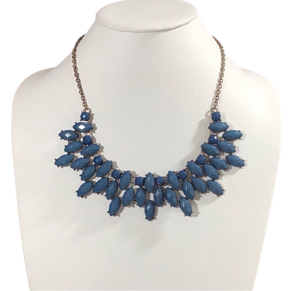 Beaded Statement Necklace Blue Silver Tone Chain Fashion Costume Jewelry